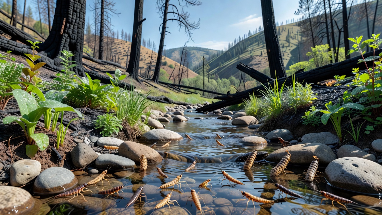 Close-up view of aquatic insects on streambed rocks amid recovering vegetation after wildfire