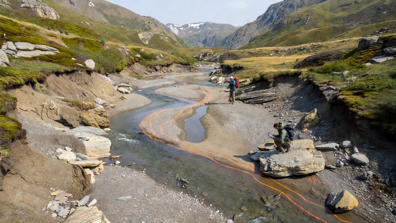 Close-up of sediment deposition along a seasonal creek bed in a mountain valley during low flow